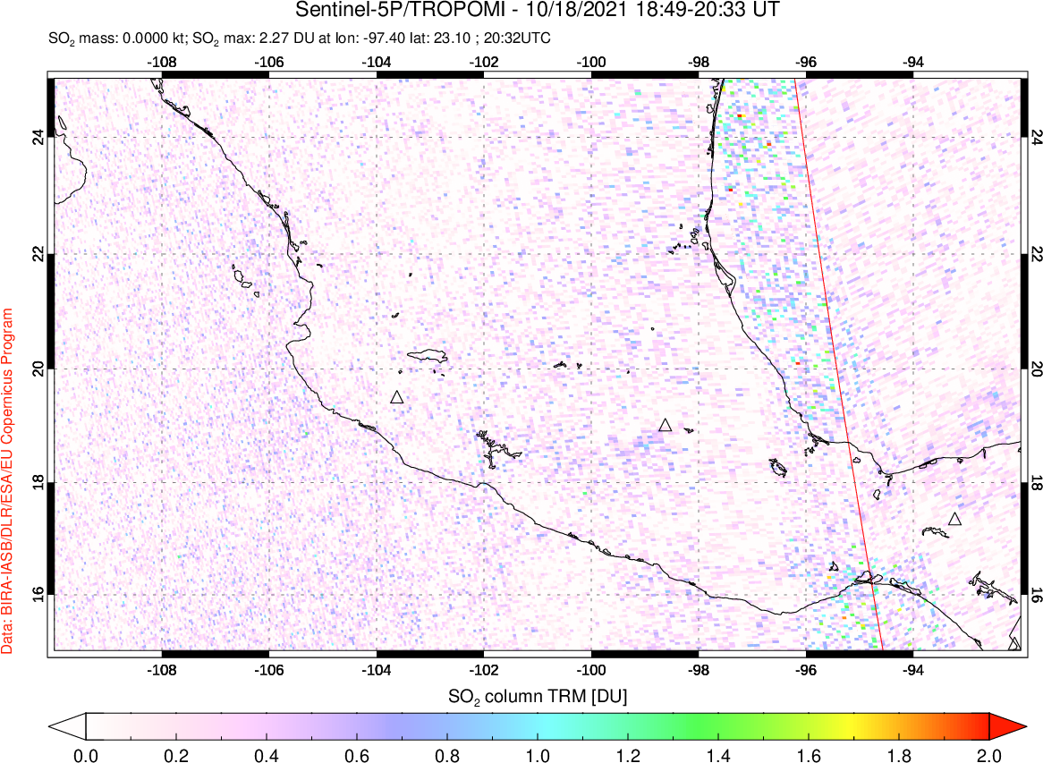A sulfur dioxide image over Mexico on Oct 18, 2021.