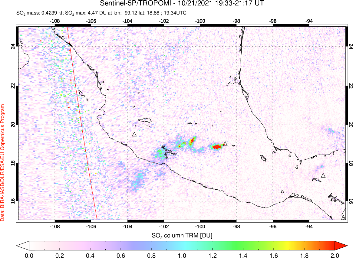 A sulfur dioxide image over Mexico on Oct 21, 2021.