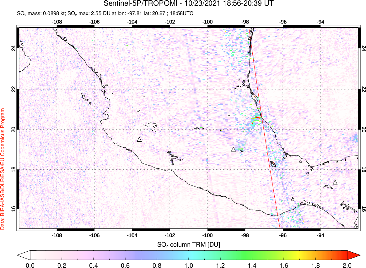 A sulfur dioxide image over Mexico on Oct 23, 2021.