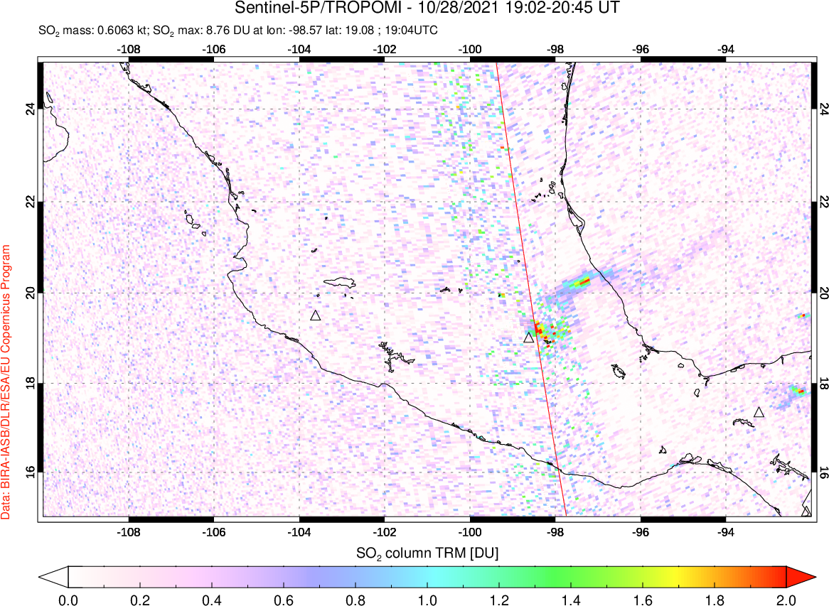A sulfur dioxide image over Mexico on Oct 28, 2021.