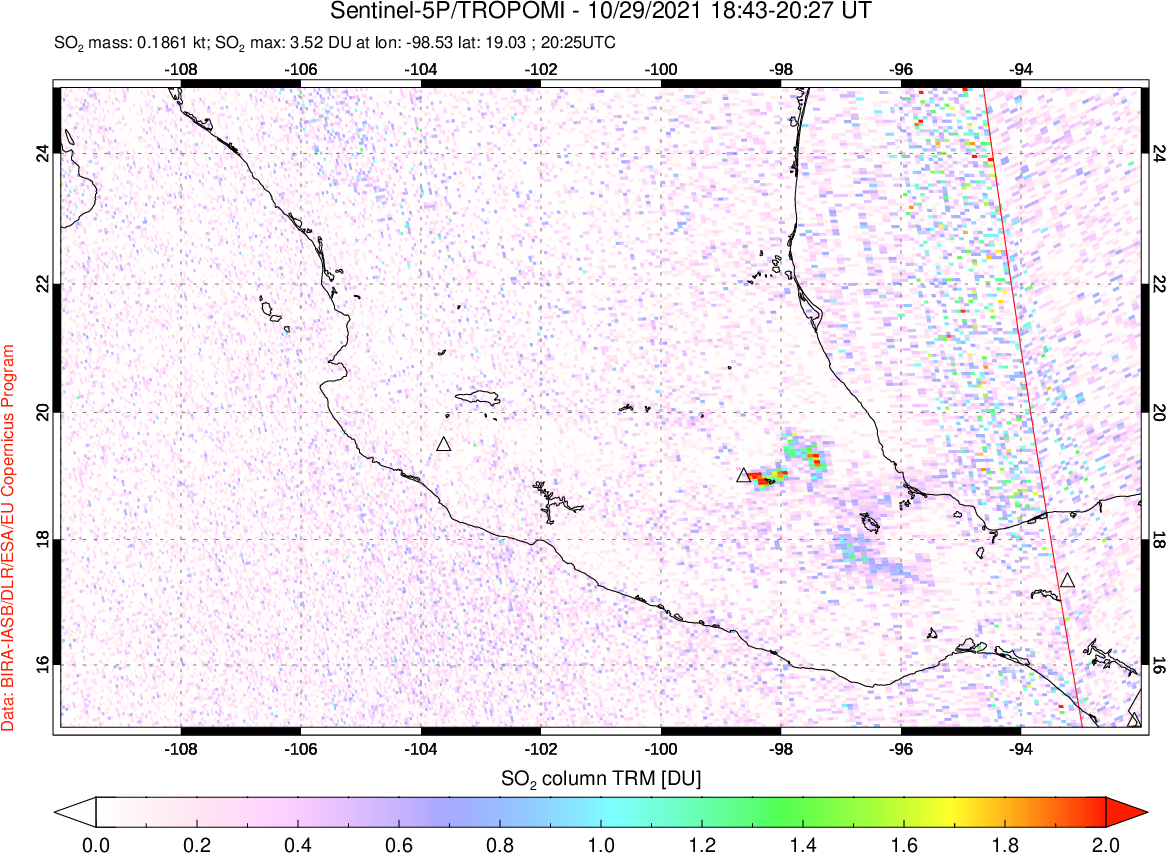 A sulfur dioxide image over Mexico on Oct 29, 2021.