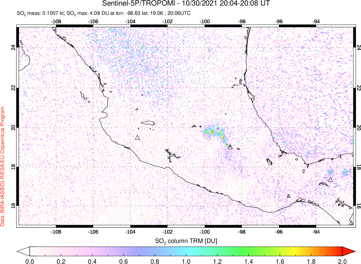 A sulfur dioxide image over Mexico on Oct 30, 2021.