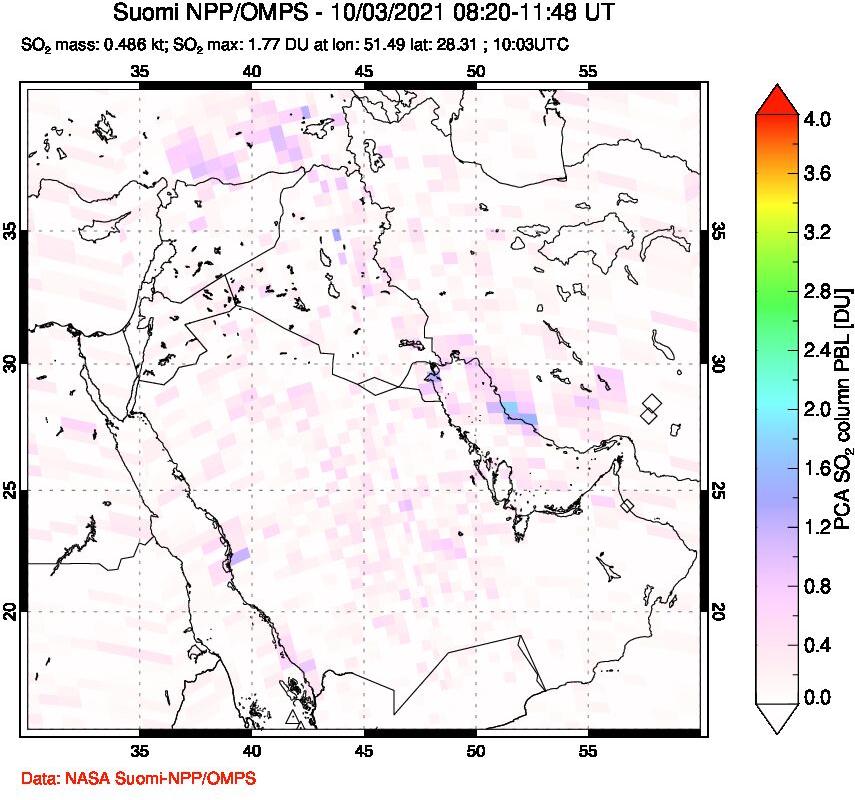 A sulfur dioxide image over Middle East on Oct 03, 2021.