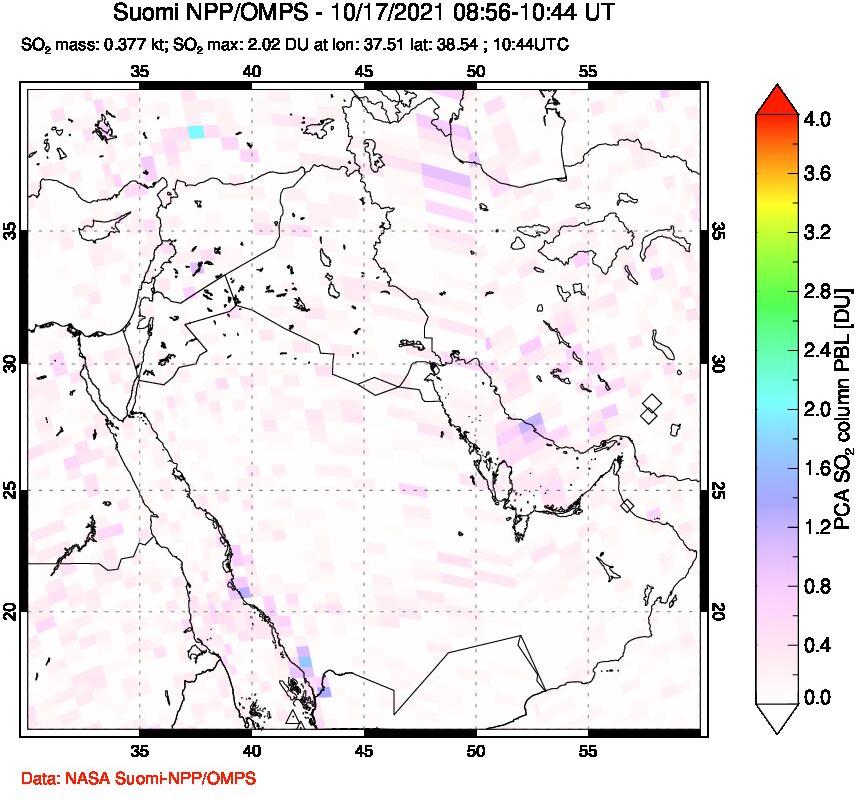 A sulfur dioxide image over Middle East on Oct 17, 2021.