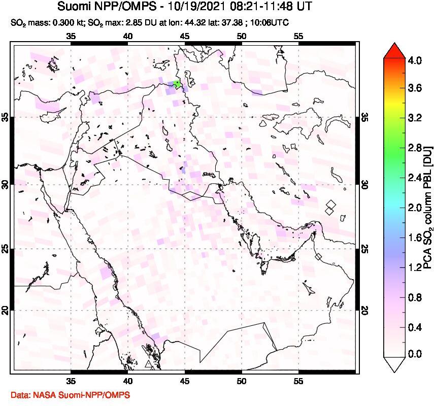 A sulfur dioxide image over Middle East on Oct 19, 2021.