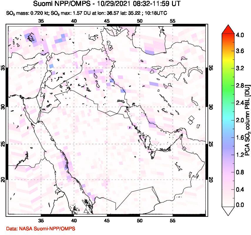 A sulfur dioxide image over Middle East on Oct 29, 2021.
