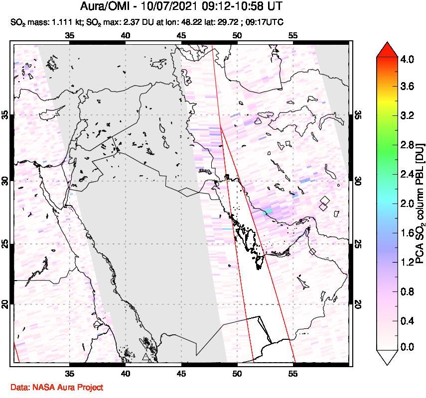 A sulfur dioxide image over Middle East on Oct 07, 2021.