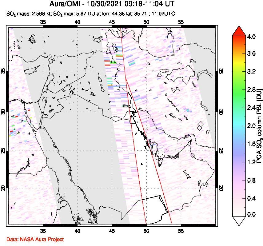 A sulfur dioxide image over Middle East on Oct 30, 2021.