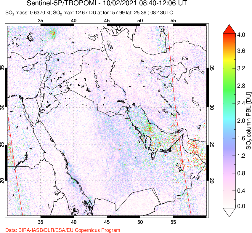 A sulfur dioxide image over Middle East on Oct 02, 2021.