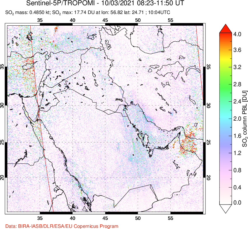 A sulfur dioxide image over Middle East on Oct 03, 2021.