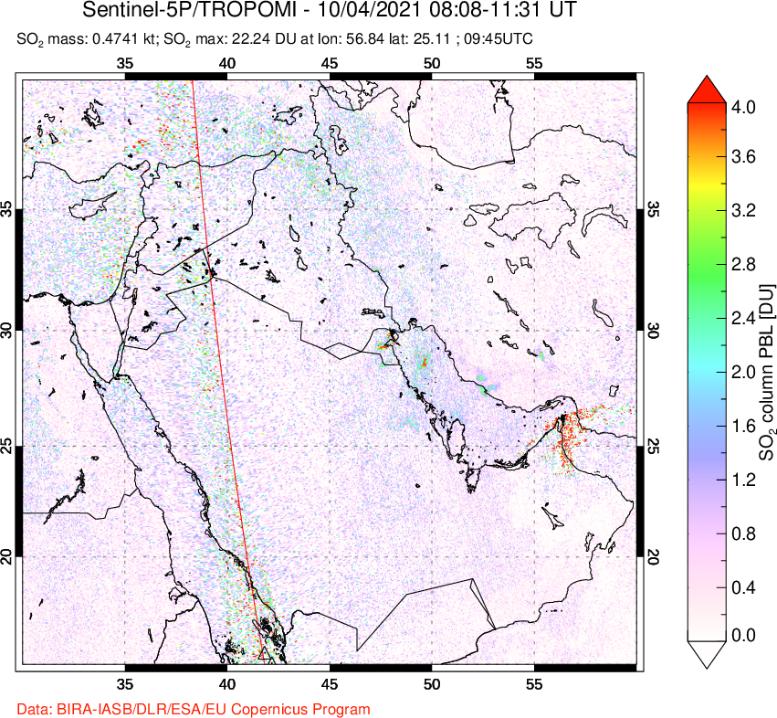 A sulfur dioxide image over Middle East on Oct 04, 2021.