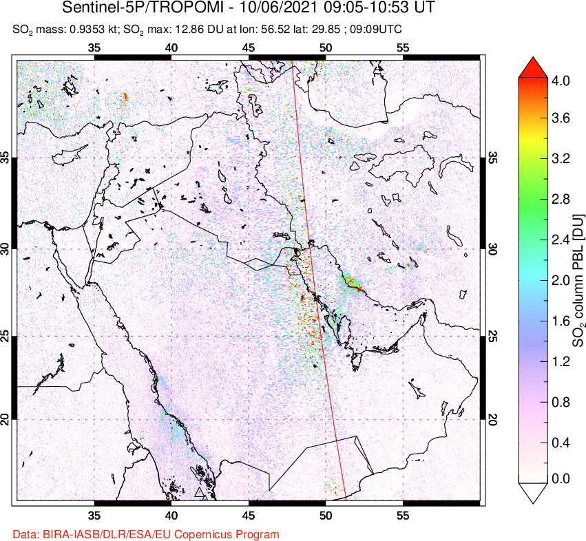 A sulfur dioxide image over Middle East on Oct 06, 2021.