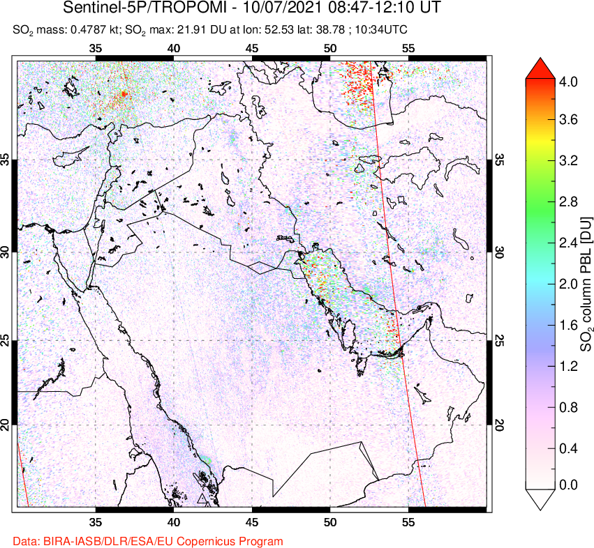 A sulfur dioxide image over Middle East on Oct 07, 2021.