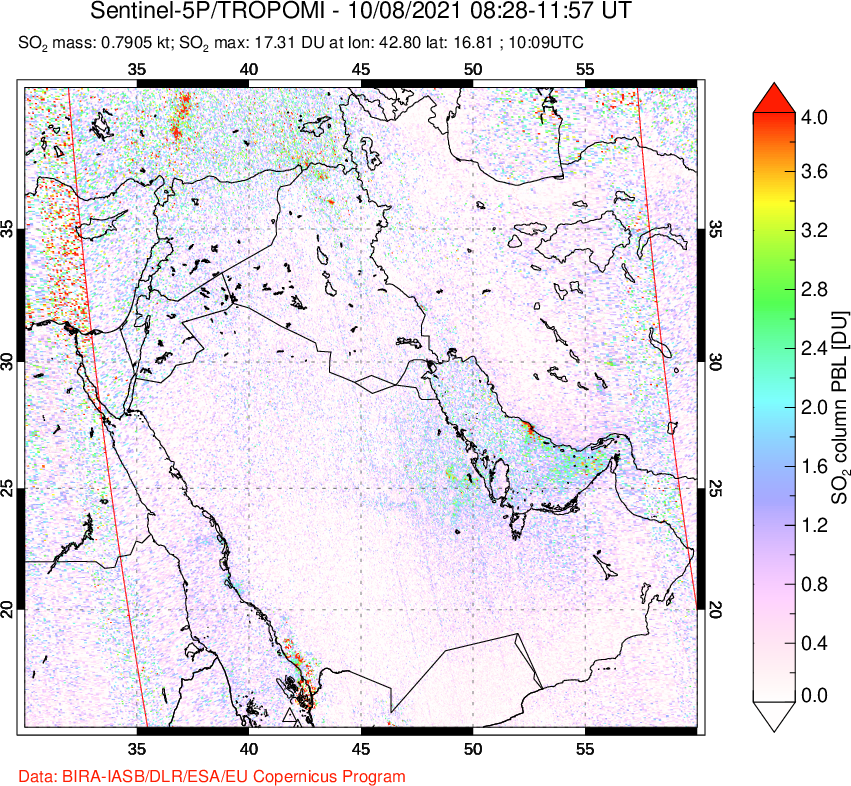 A sulfur dioxide image over Middle East on Oct 08, 2021.