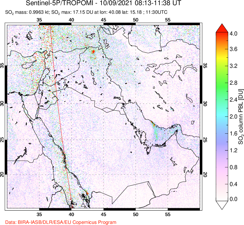 A sulfur dioxide image over Middle East on Oct 09, 2021.