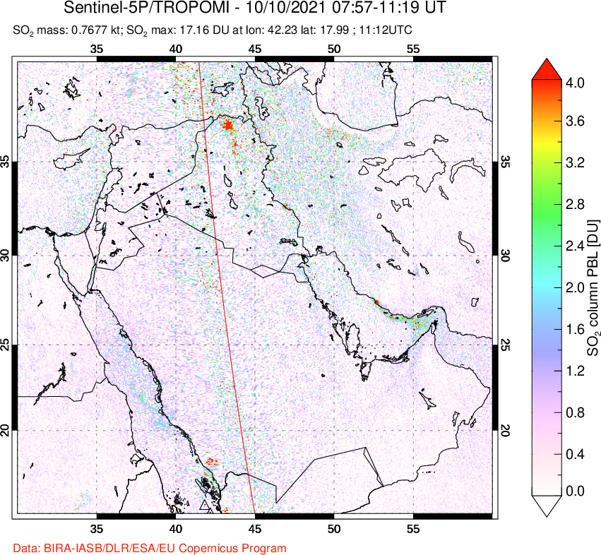 A sulfur dioxide image over Middle East on Oct 10, 2021.