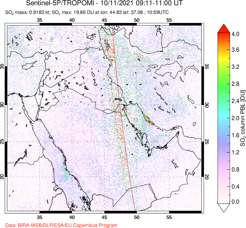 A sulfur dioxide image over Middle East on Oct 11, 2021.