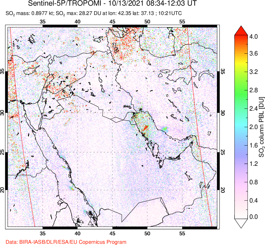 A sulfur dioxide image over Middle East on Oct 13, 2021.
