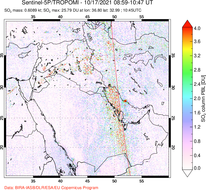 A sulfur dioxide image over Middle East on Oct 17, 2021.