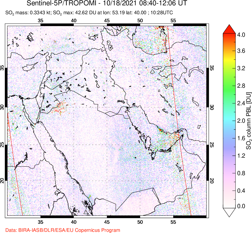 A sulfur dioxide image over Middle East on Oct 18, 2021.