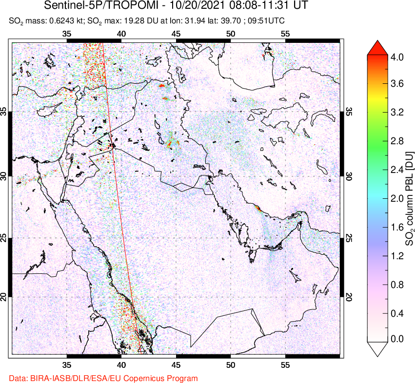 A sulfur dioxide image over Middle East on Oct 20, 2021.