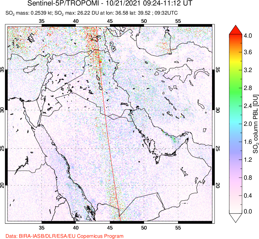 A sulfur dioxide image over Middle East on Oct 21, 2021.