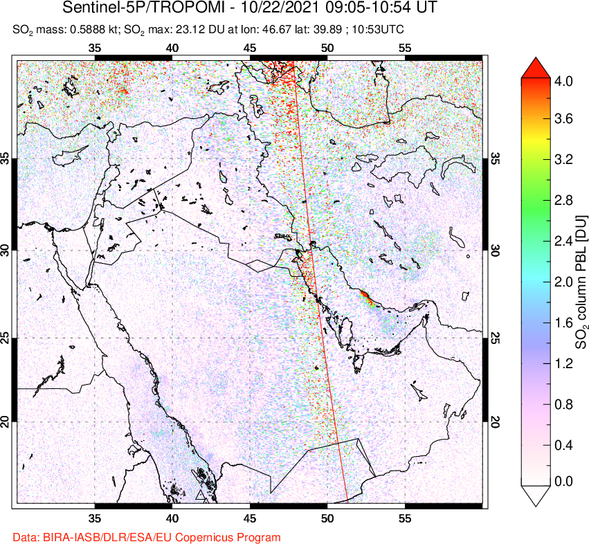 A sulfur dioxide image over Middle East on Oct 22, 2021.