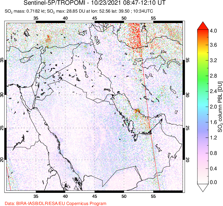 A sulfur dioxide image over Middle East on Oct 23, 2021.
