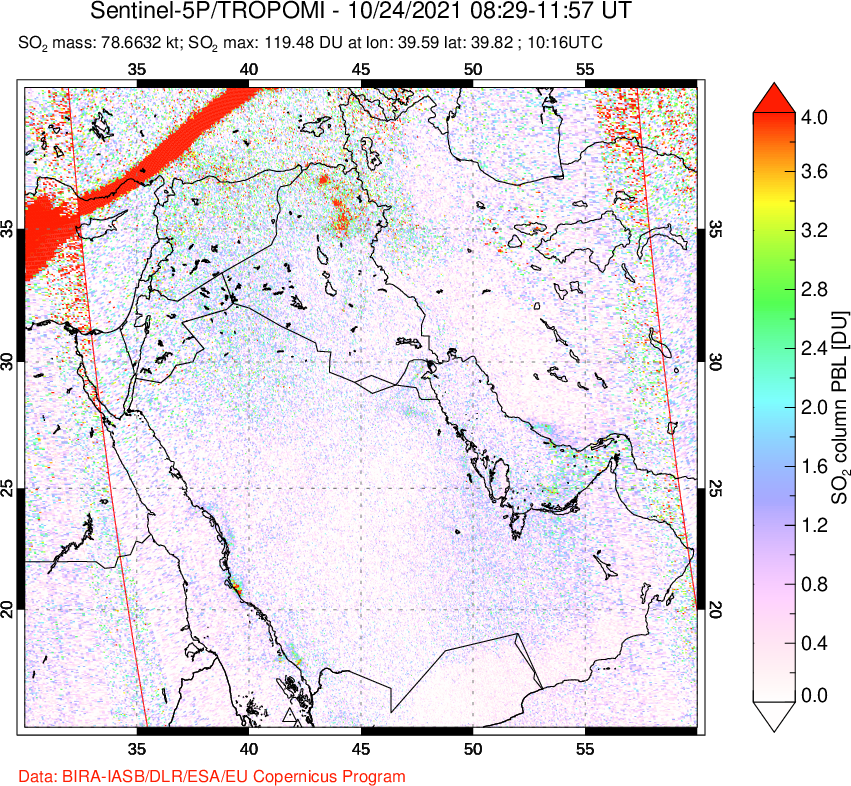 A sulfur dioxide image over Middle East on Oct 24, 2021.