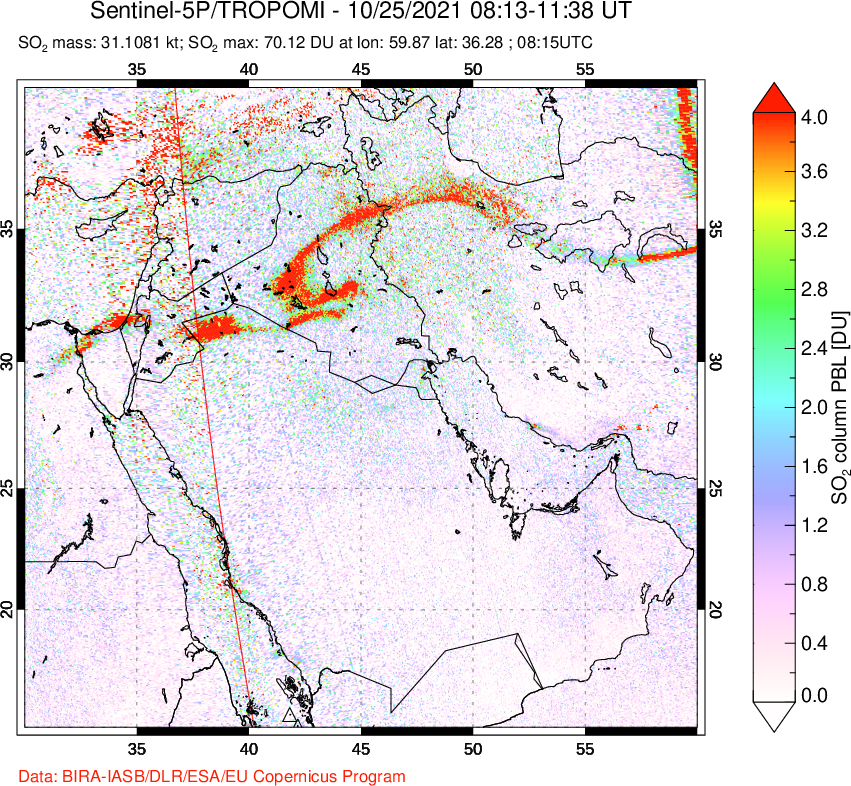 A sulfur dioxide image over Middle East on Oct 25, 2021.