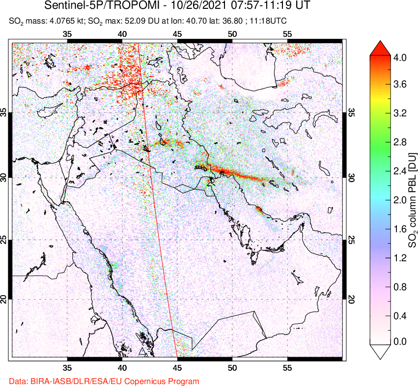 A sulfur dioxide image over Middle East on Oct 26, 2021.