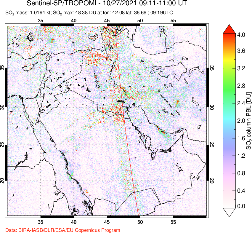 A sulfur dioxide image over Middle East on Oct 27, 2021.