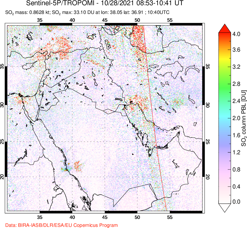 A sulfur dioxide image over Middle East on Oct 28, 2021.