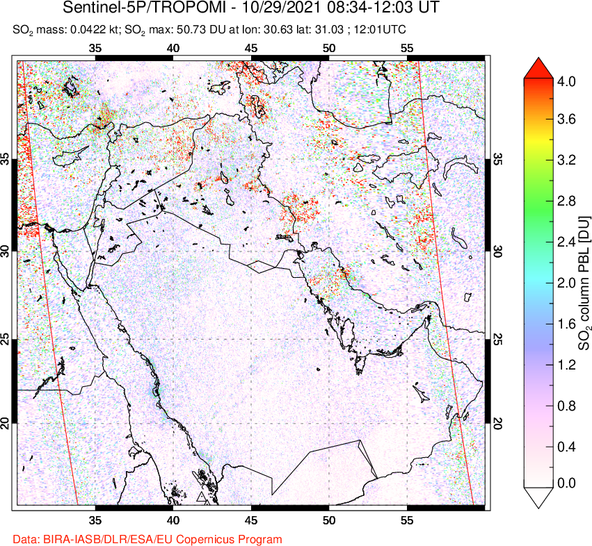 A sulfur dioxide image over Middle East on Oct 29, 2021.