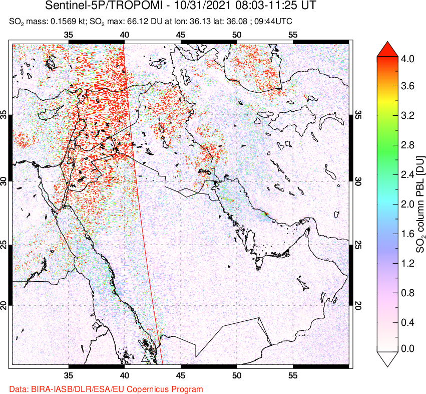 A sulfur dioxide image over Middle East on Oct 31, 2021.