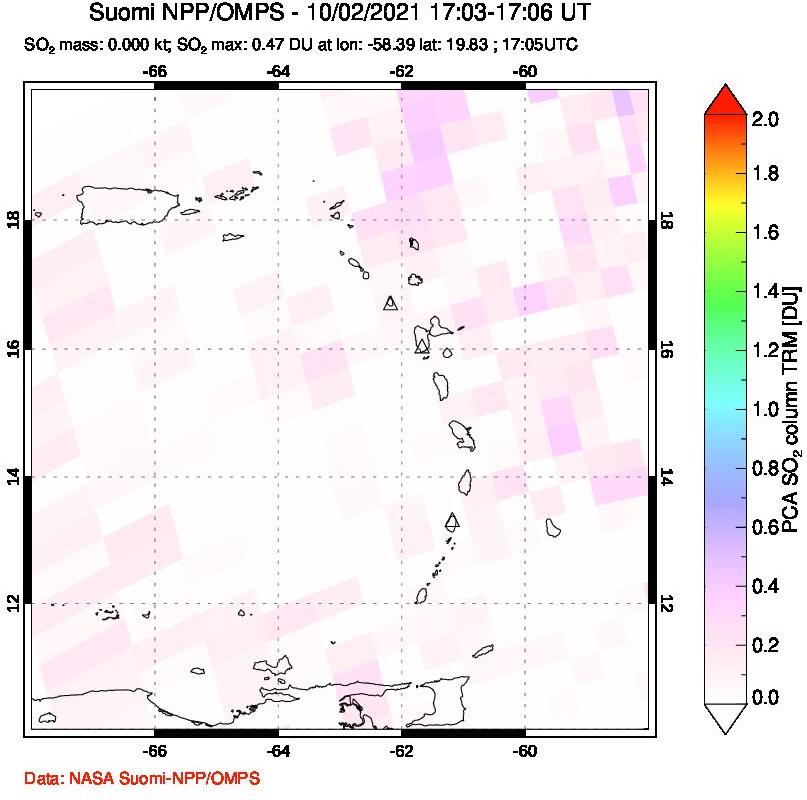 A sulfur dioxide image over Montserrat, West Indies on Oct 02, 2021.