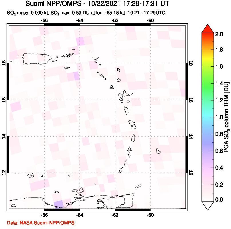 A sulfur dioxide image over Montserrat, West Indies on Oct 22, 2021.