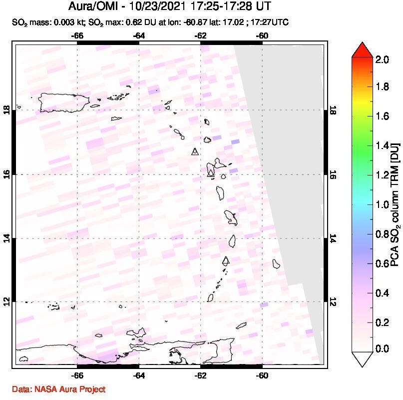 A sulfur dioxide image over Montserrat, West Indies on Oct 23, 2021.
