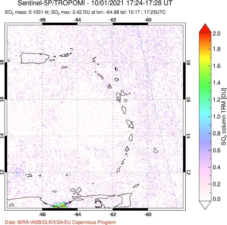 A sulfur dioxide image over Montserrat, West Indies on Oct 01, 2021.