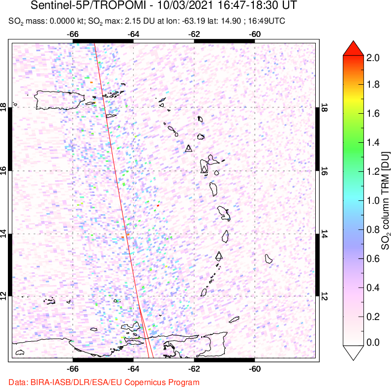 A sulfur dioxide image over Montserrat, West Indies on Oct 03, 2021.