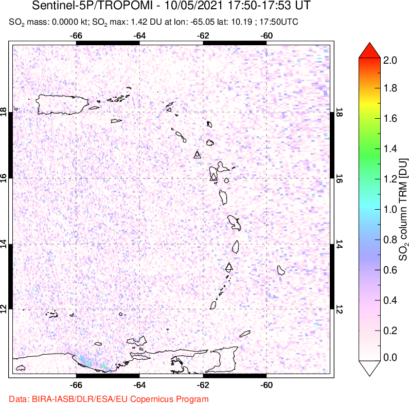 A sulfur dioxide image over Montserrat, West Indies on Oct 05, 2021.