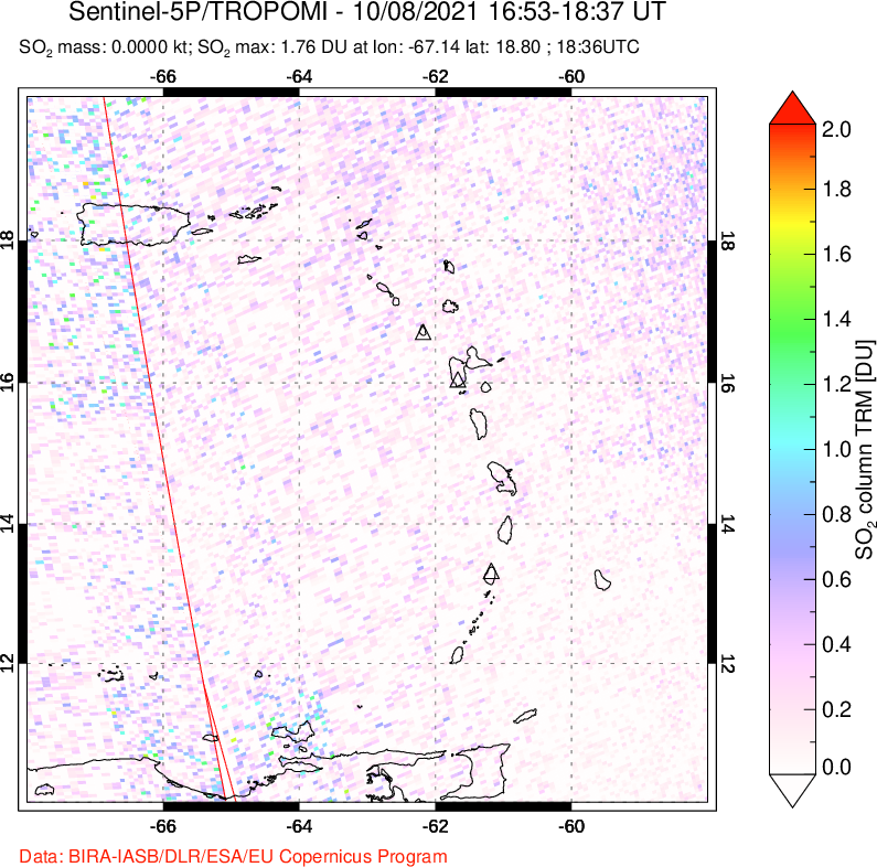A sulfur dioxide image over Montserrat, West Indies on Oct 08, 2021.