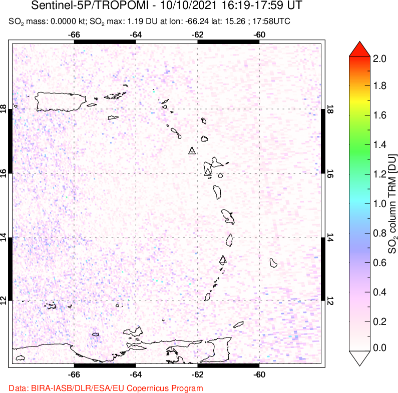 A sulfur dioxide image over Montserrat, West Indies on Oct 10, 2021.