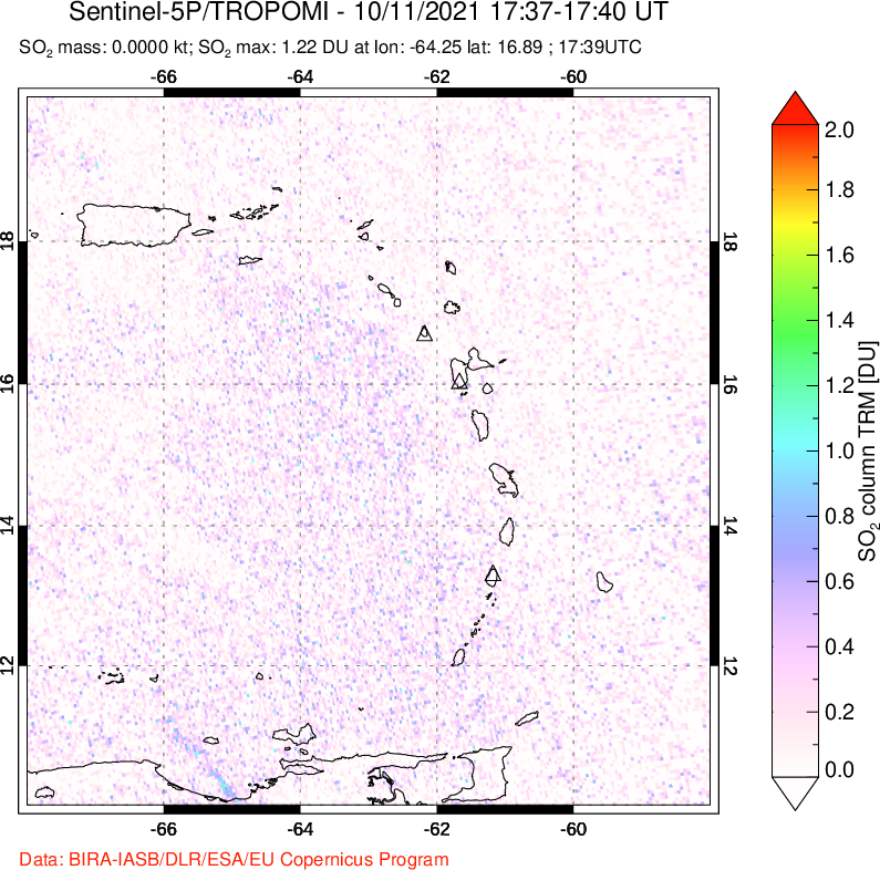 A sulfur dioxide image over Montserrat, West Indies on Oct 11, 2021.