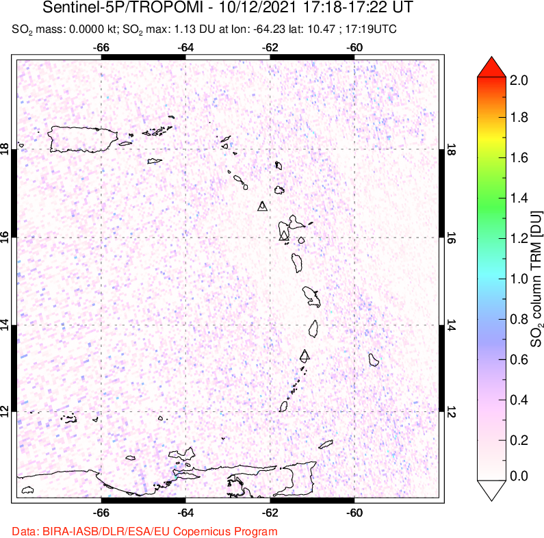 A sulfur dioxide image over Montserrat, West Indies on Oct 12, 2021.