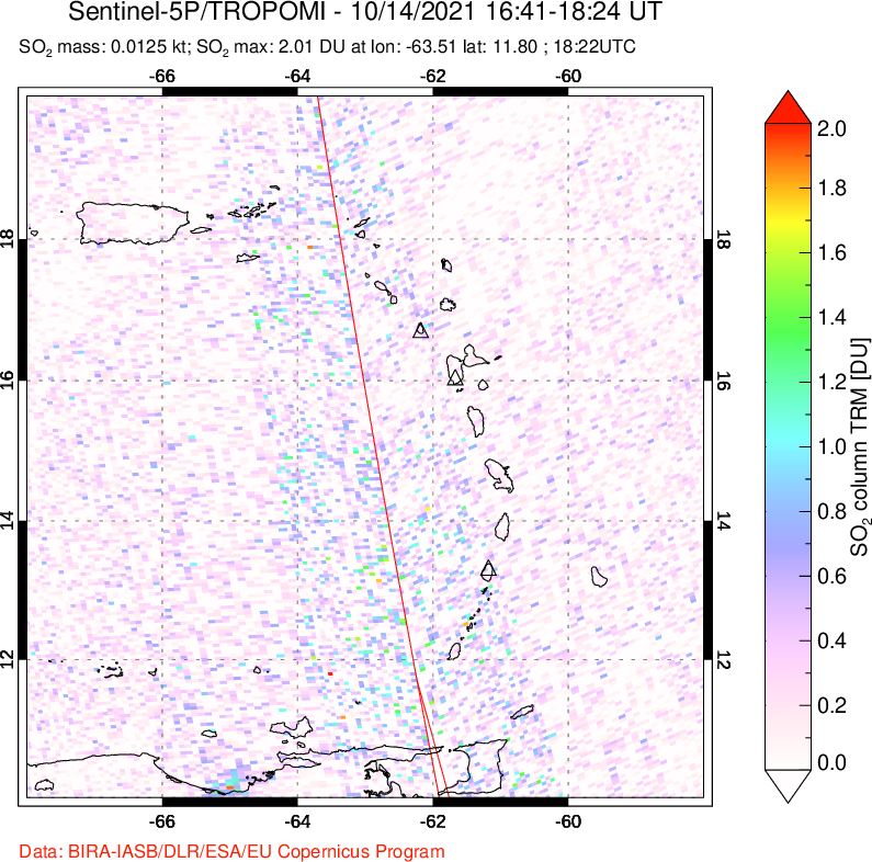 A sulfur dioxide image over Montserrat, West Indies on Oct 14, 2021.