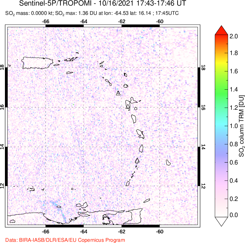 A sulfur dioxide image over Montserrat, West Indies on Oct 16, 2021.