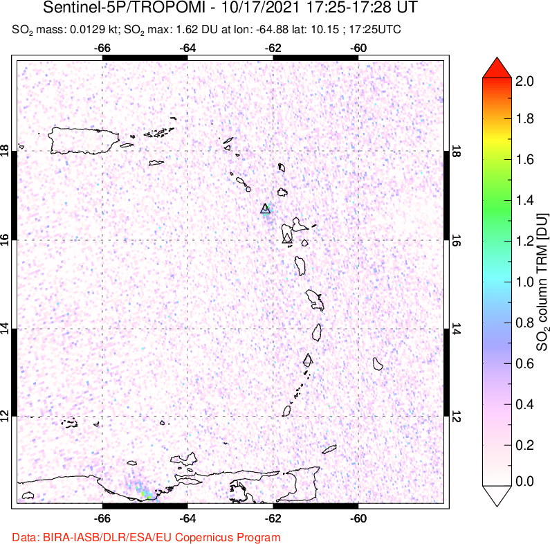 A sulfur dioxide image over Montserrat, West Indies on Oct 17, 2021.
