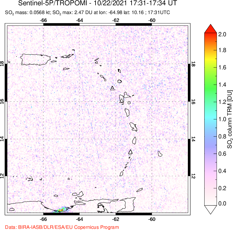 A sulfur dioxide image over Montserrat, West Indies on Oct 22, 2021.