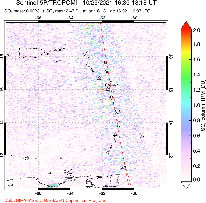 A sulfur dioxide image over Montserrat, West Indies on Oct 25, 2021.